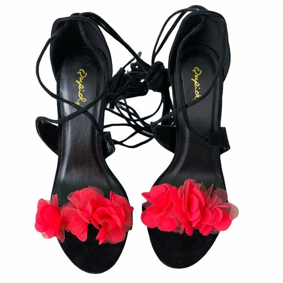 Qupid NWOB Fringe Wrap Tie Sandal Red Flowers Open Toe Stiletto Heel Size 5.5 - Picture 3 of 7